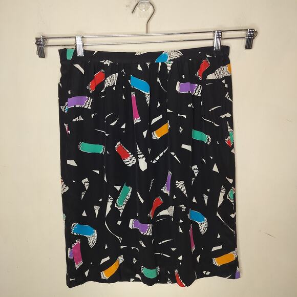 Vintage 100% Silk Geometric Print Skirt Black Multicolor Pleated - Picture 1 of 9